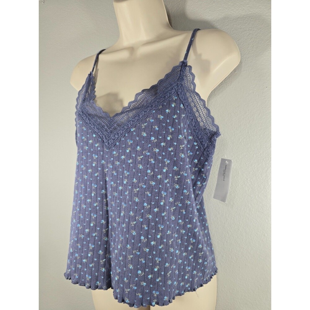 American Eagle Blue Pointelle Lace Trim Cami Tank Top Floral Coquette Sz XXL BJ - Picture 2 of 5